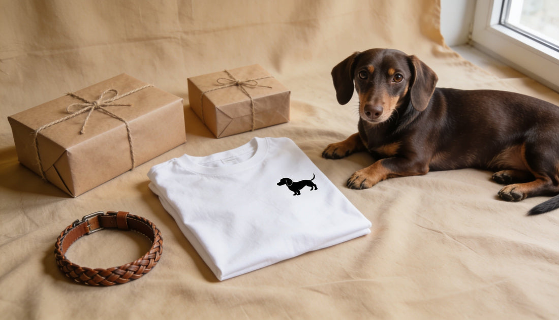Dachshund gift ideas flat lay with dachshund t-shirt, gift boxes, leather dog collar and a dachshund
