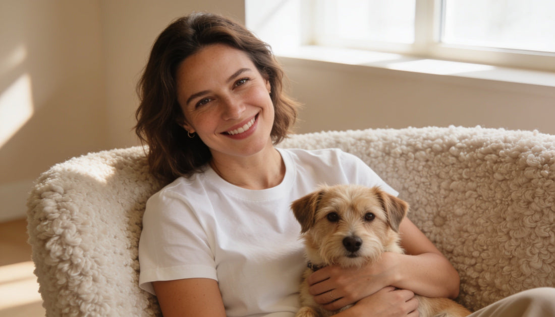Dog mom wearing a soft white t-shirt hugging her small dog on a sofa