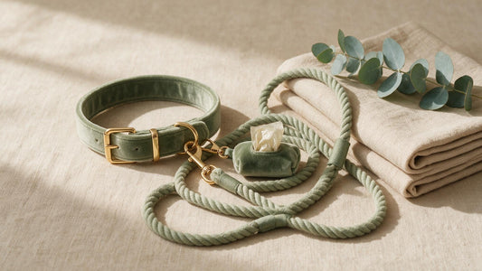 Sage green luxury dog collar and leash walk set with gold hardware and poop bag holder on linen