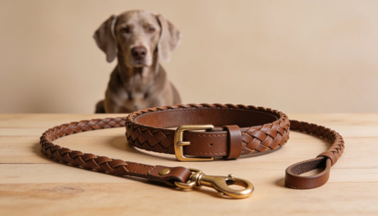 Cloud 7 braided leather dog collars and leash with brass hardware, Weimaraner in the background