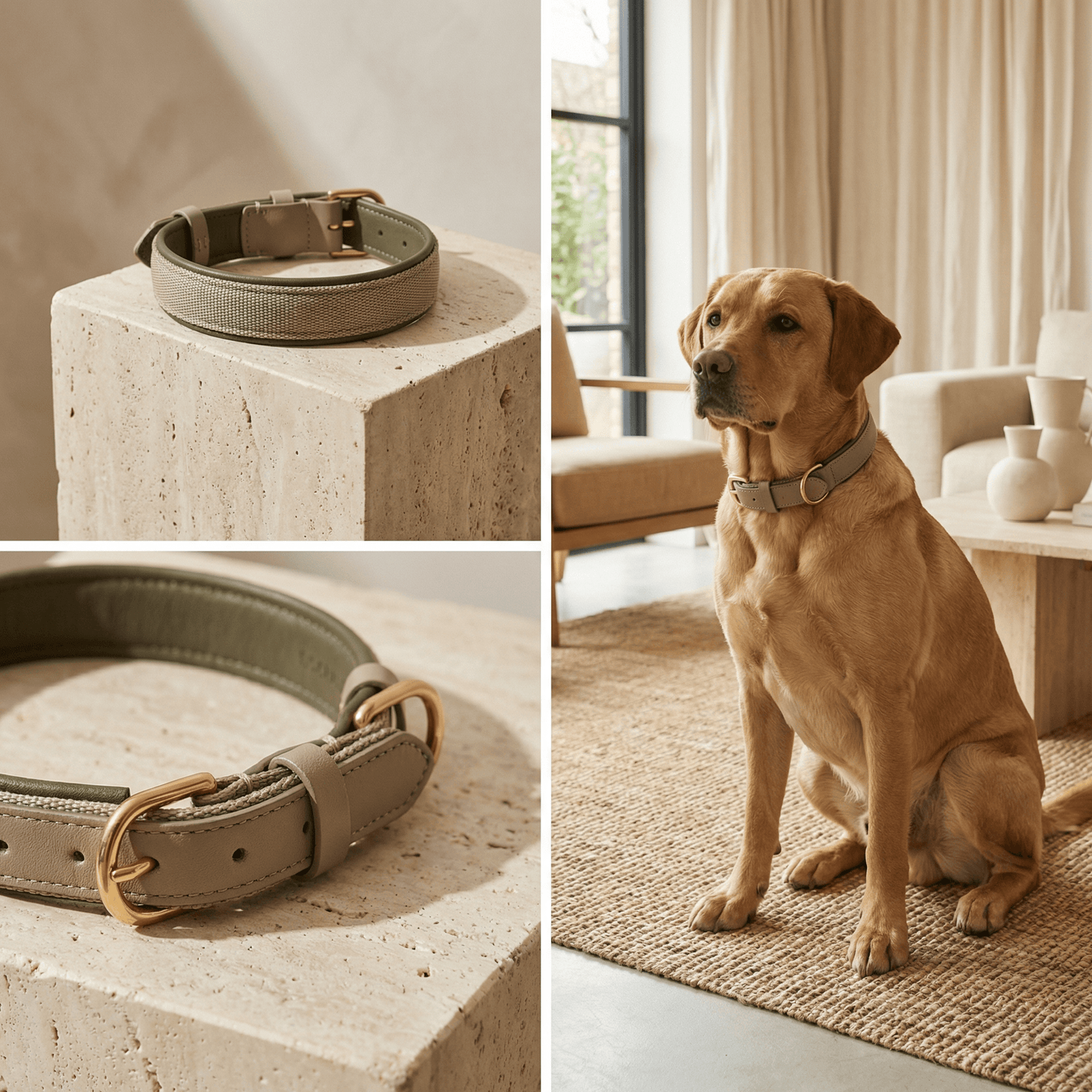 Luxury dog collar flat lay, premium MVM SitHappens dog collar collection