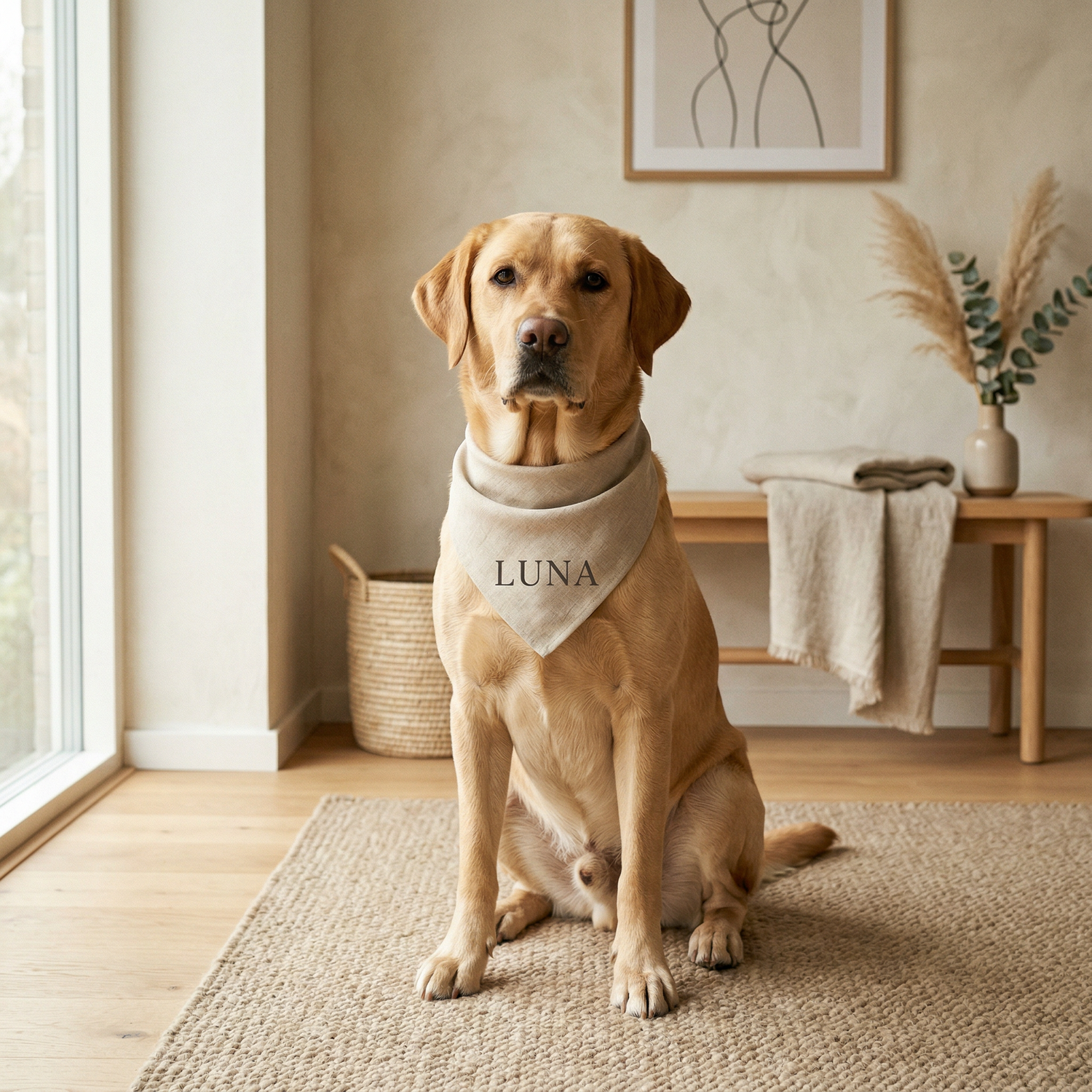 Dog wearing personalized dog bandana, MVM SitHappens custom bandana collection