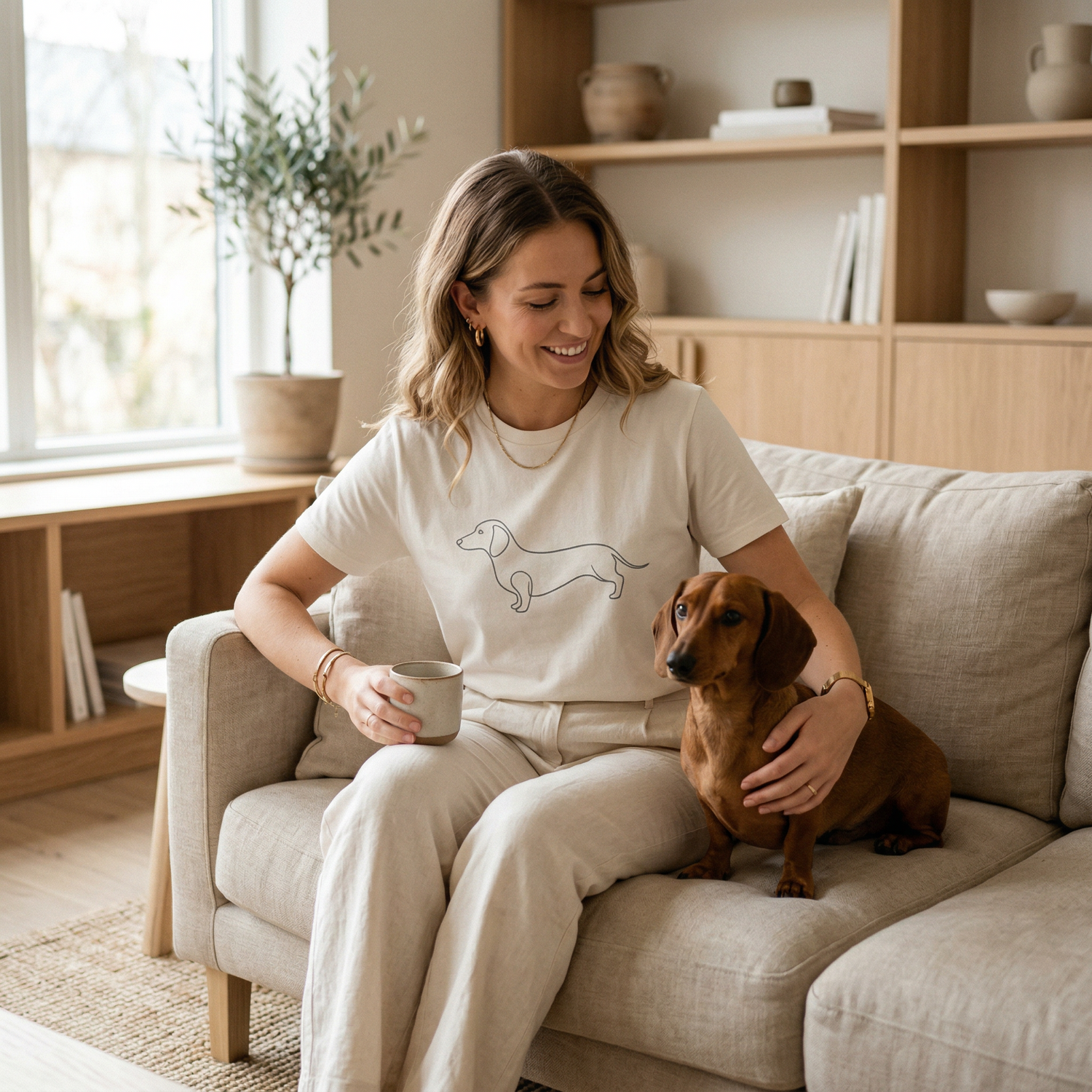 Woman wearing dachshund graphic t-shirt, MVM SitHappens dachshund collection