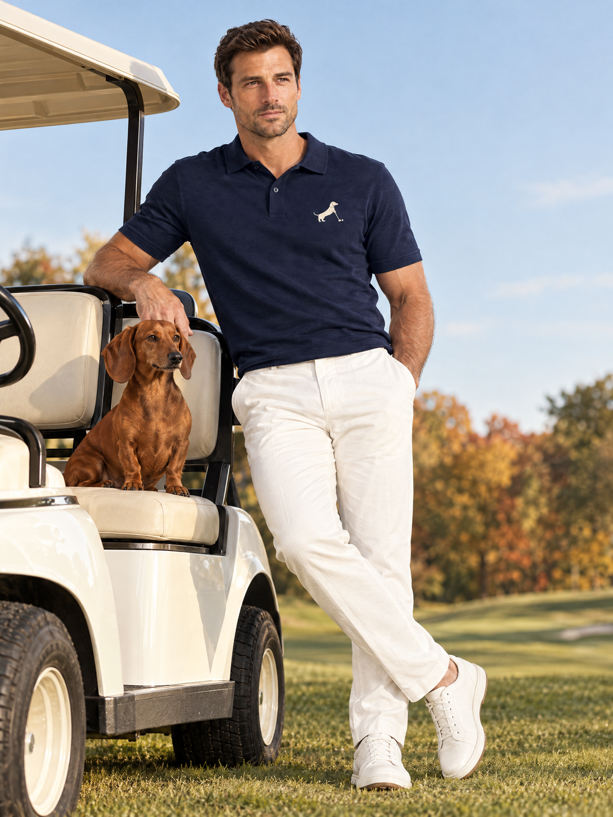 Man in the navy Putting dachshund golf polo leaning on a golf cart with his dachshund