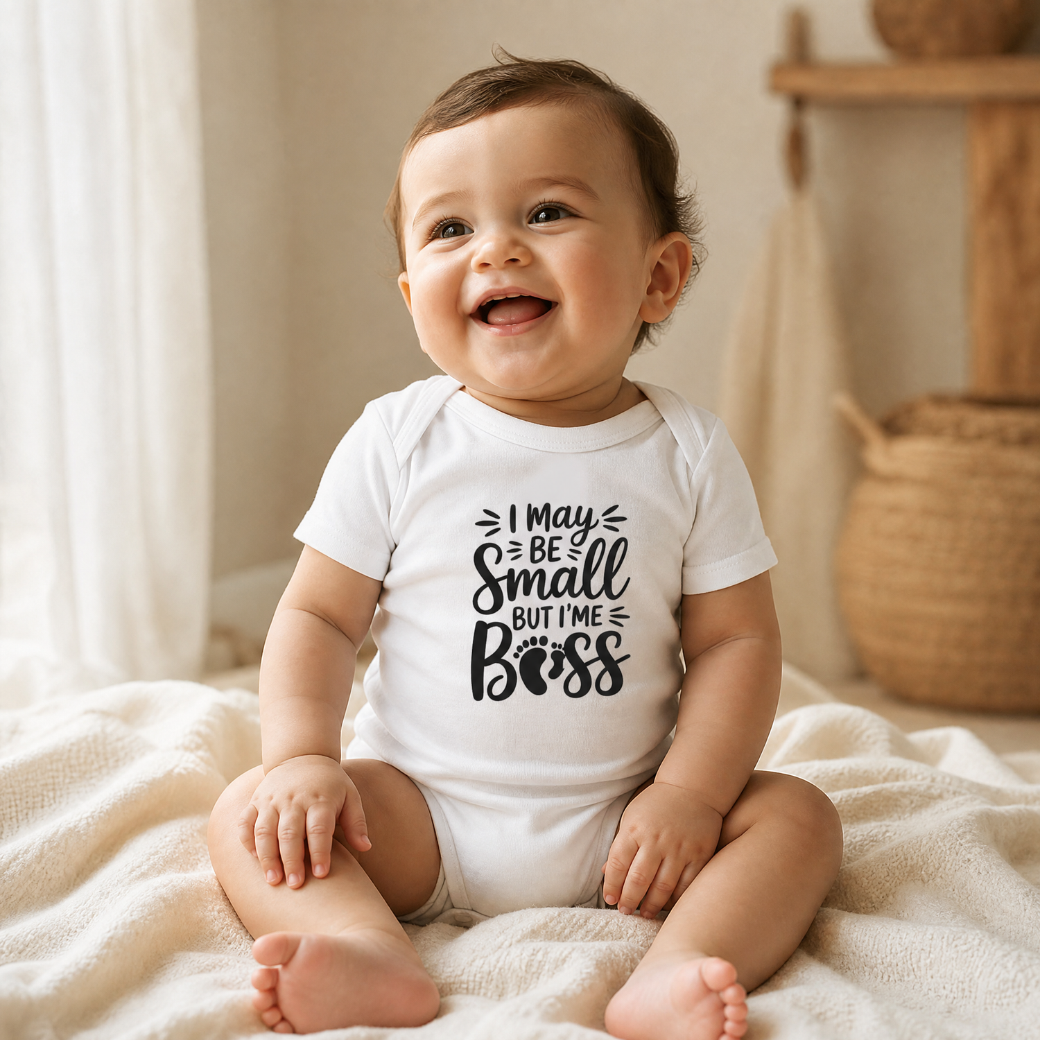 Baby wearing dog print bodysuit, MVM SitHappens baby dog apparel collection