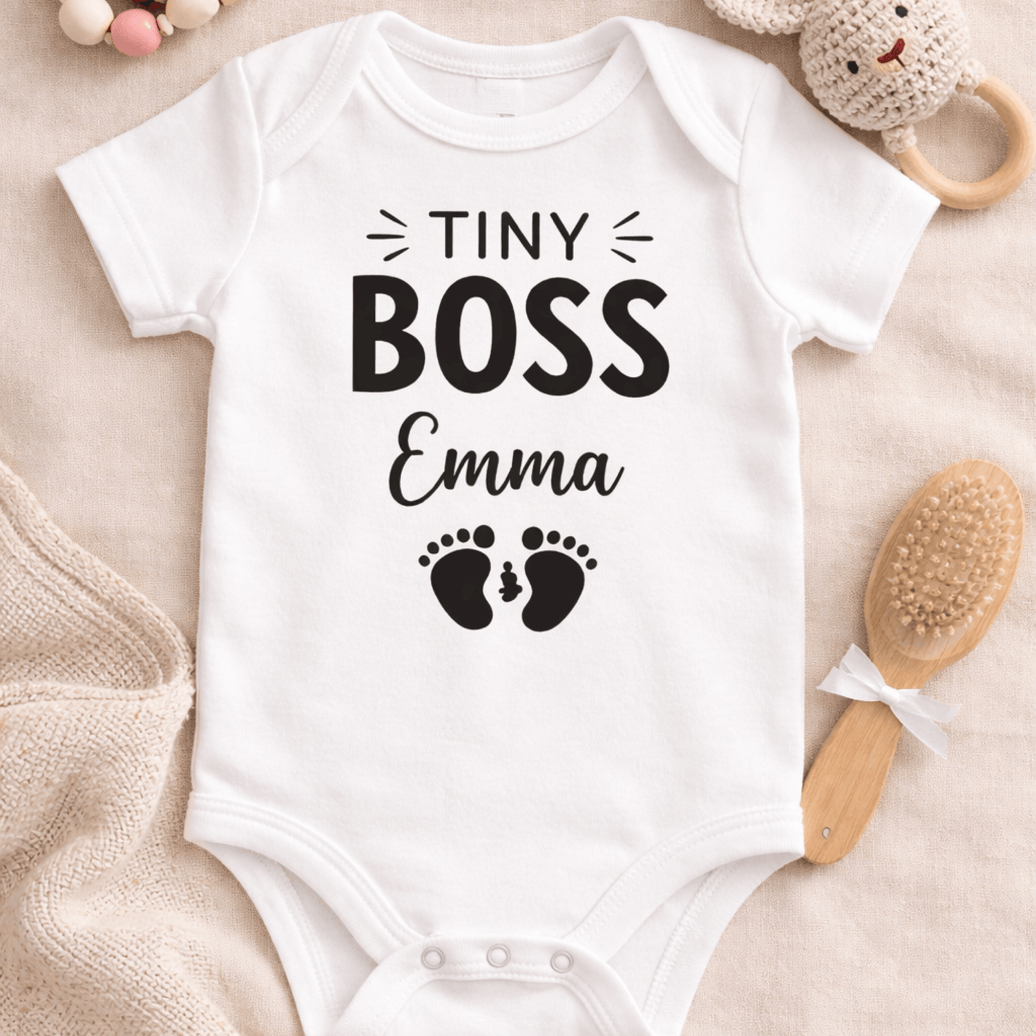 Personalized baby bodysuit with dog print, MVM SitHappens custom baby apparel