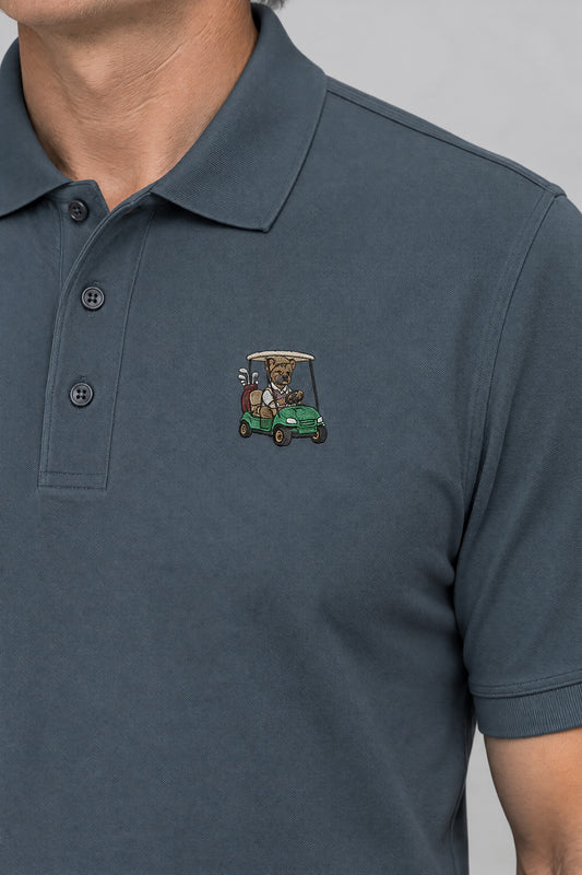 Close-up of the embroidered French Bulldog in a golf cart on the left chest of the polo shirt