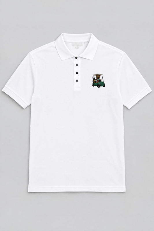 Flat lay of the white French Bulldog Golf Cart embroidered polo shirt