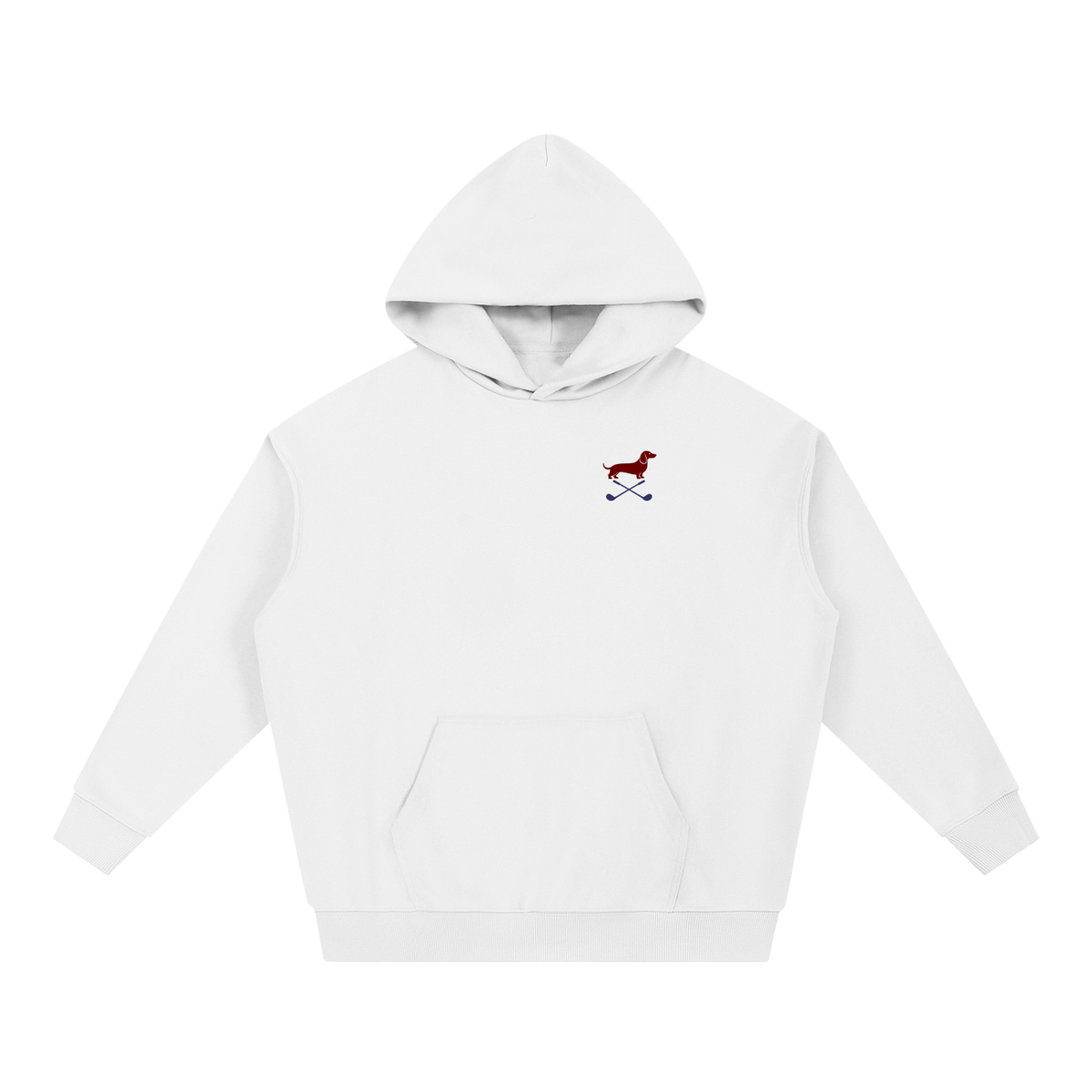 Club & Swing dachshund golf hoodie, front flatlay. Color: White