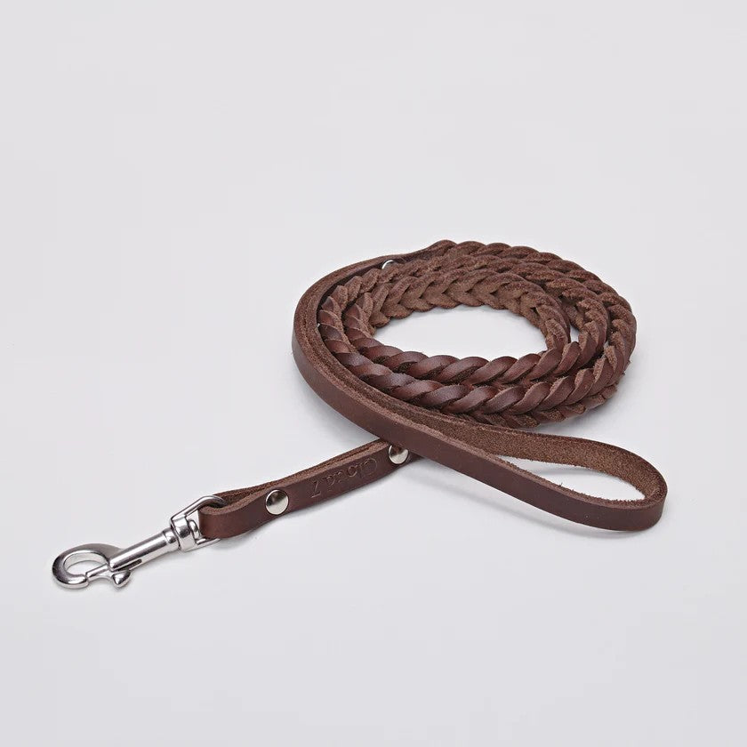 Saddle brown leather dog leash, metal snap clip, Cloud 7 Central Park