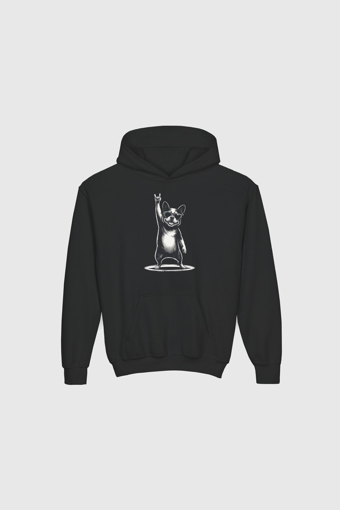 Grey kids hoodie with funny bulldog design, children's pullover
