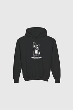 Grey kids hoodie with funny bulldog design, children's pullover