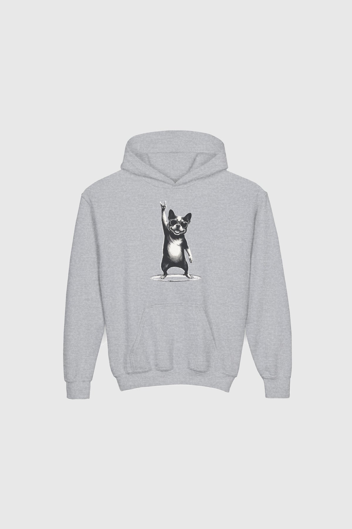 Front view of bulldog kids pullover hoodie, dog lover gift