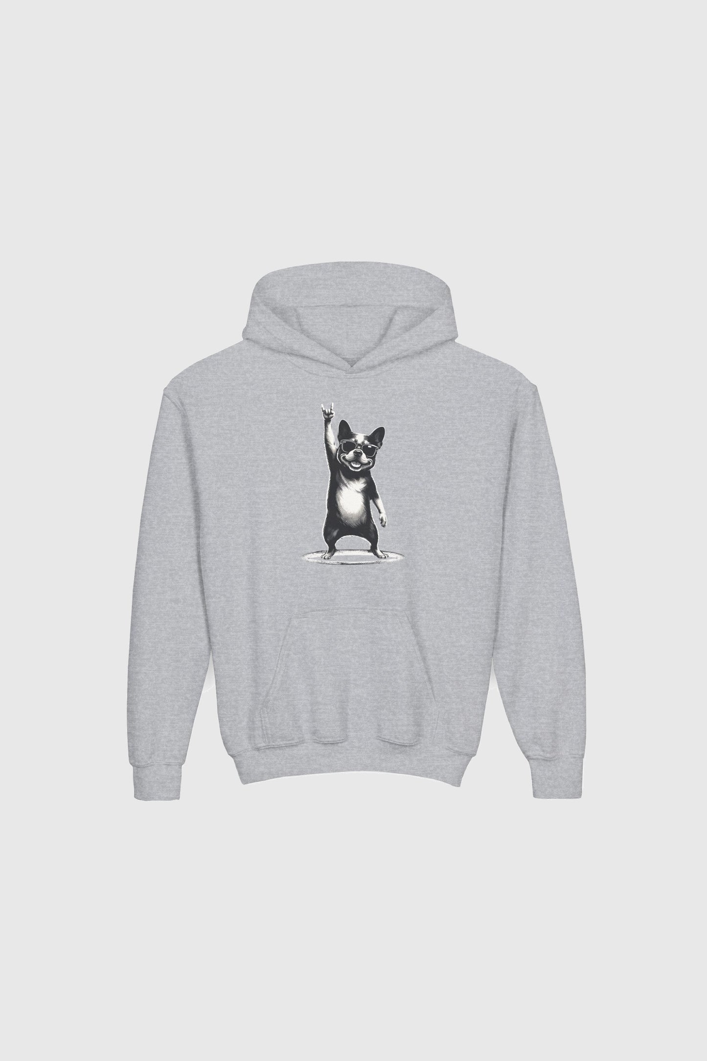 Front view of bulldog kids pullover hoodie, dog lover gift