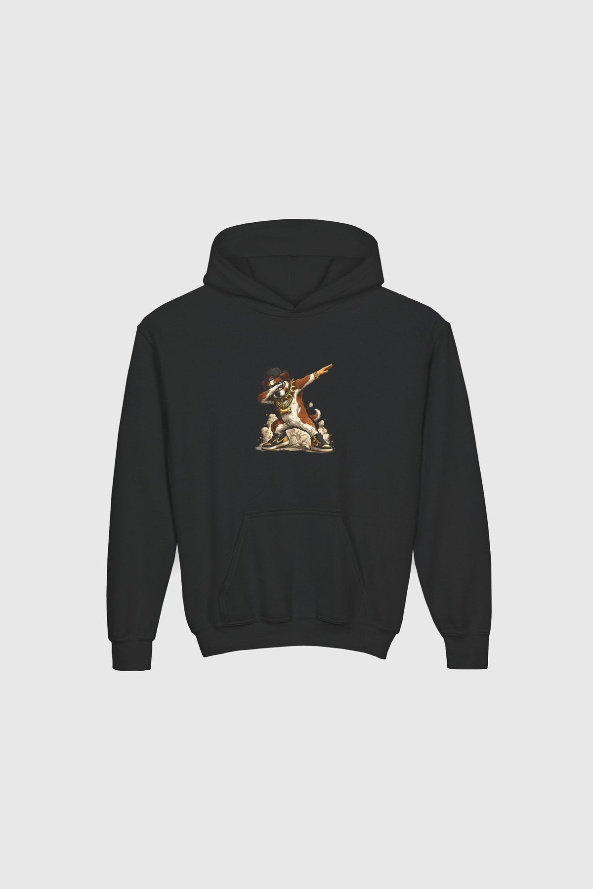 Grey children's hoodie with dabbing dog graphic print