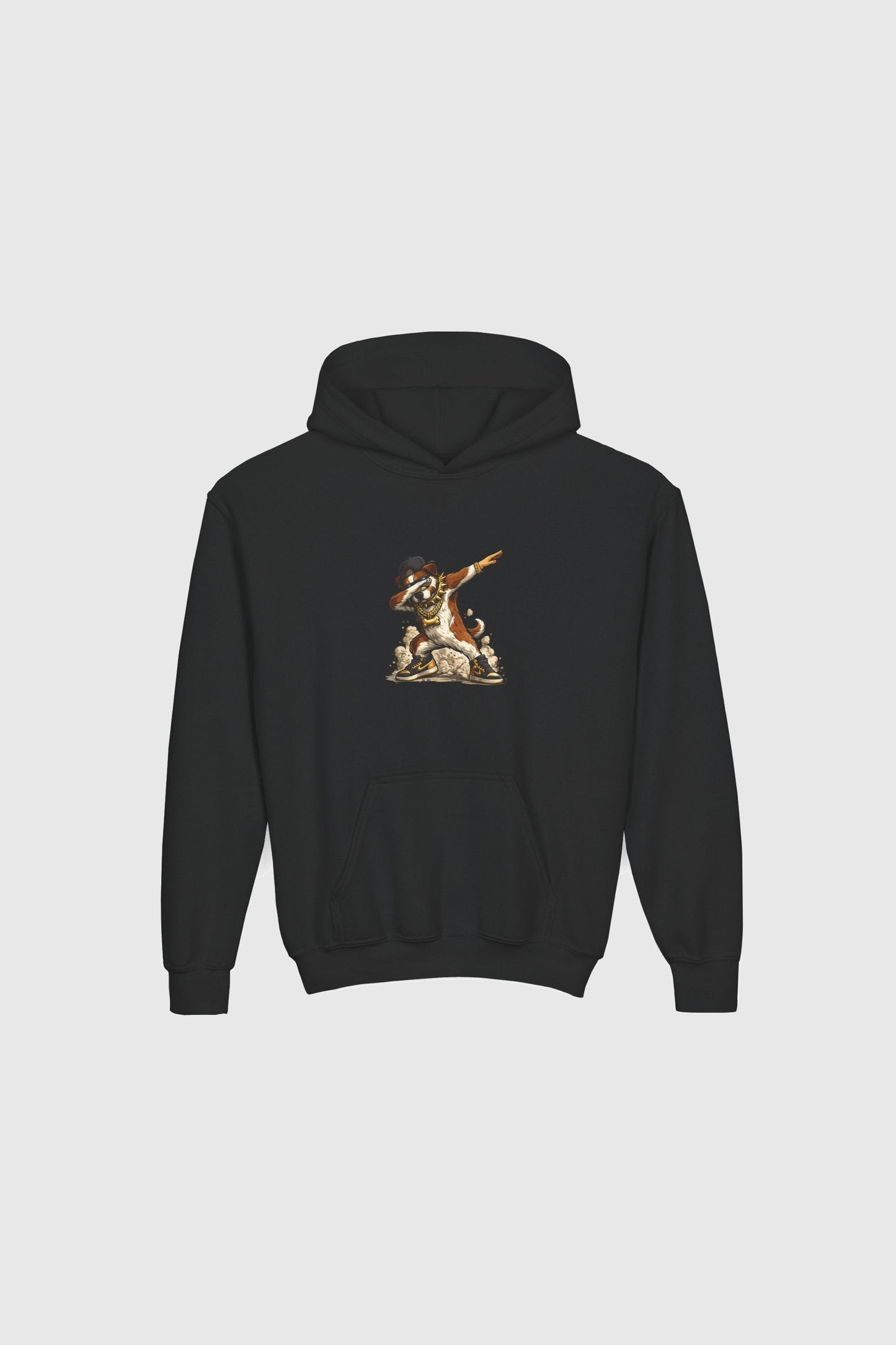 Grey children's hoodie with dabbing dog graphic print