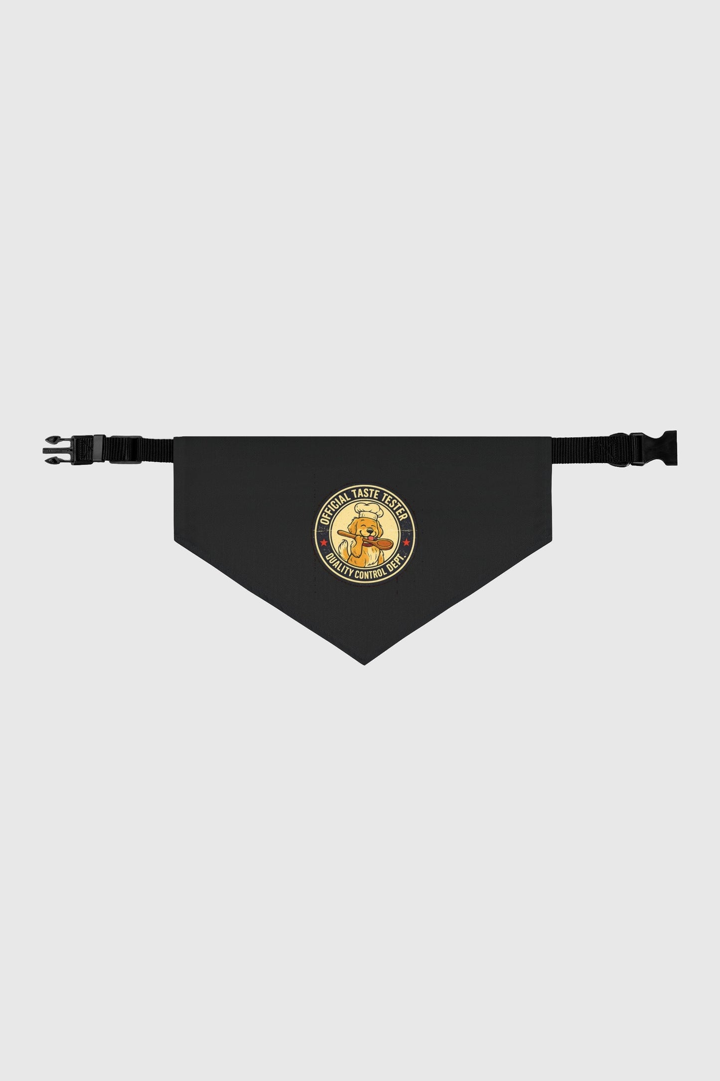 Black dog bandana with official taste tester print, adjustable neck strap