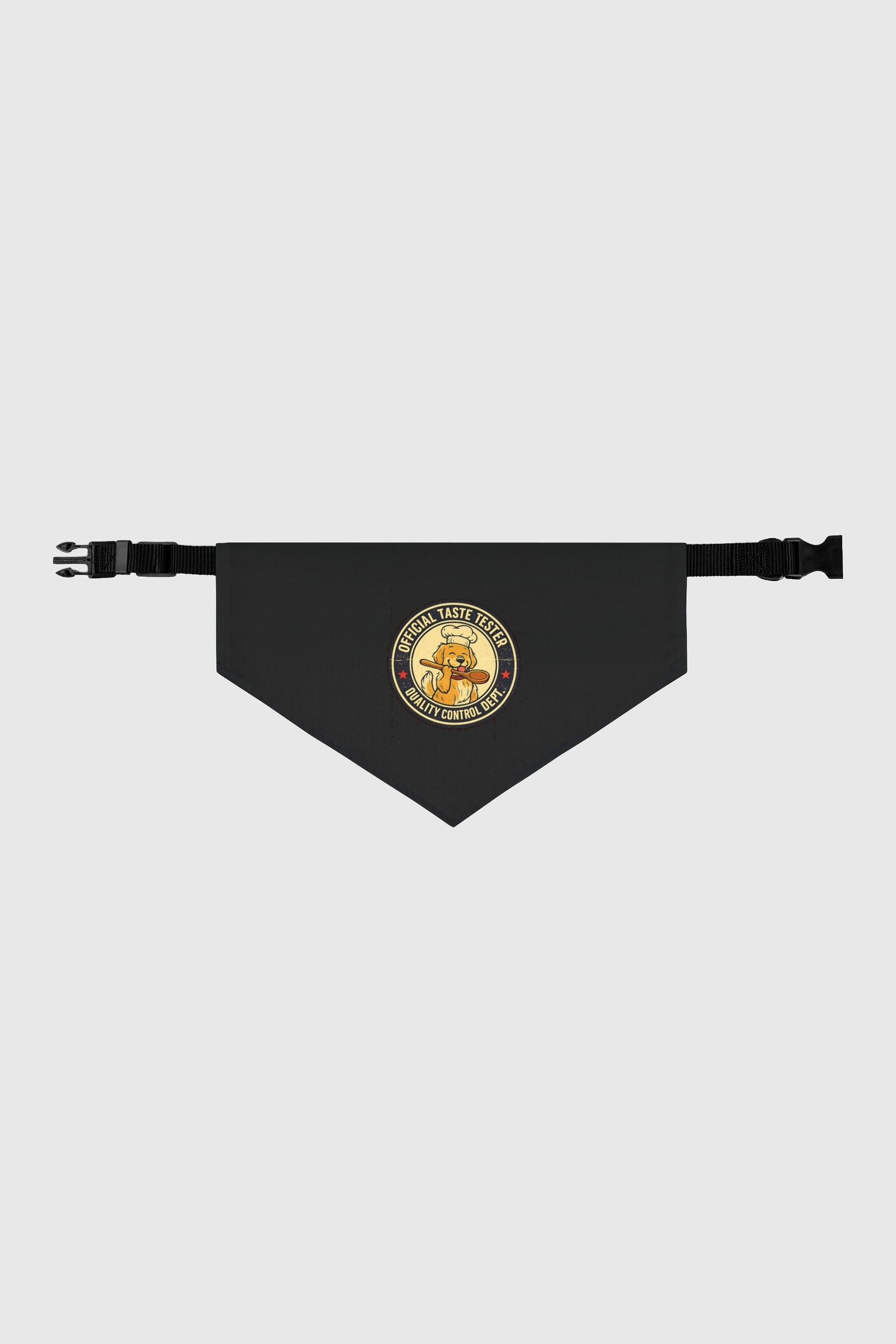 Black dog bandana with official taste tester print, adjustable neck strap