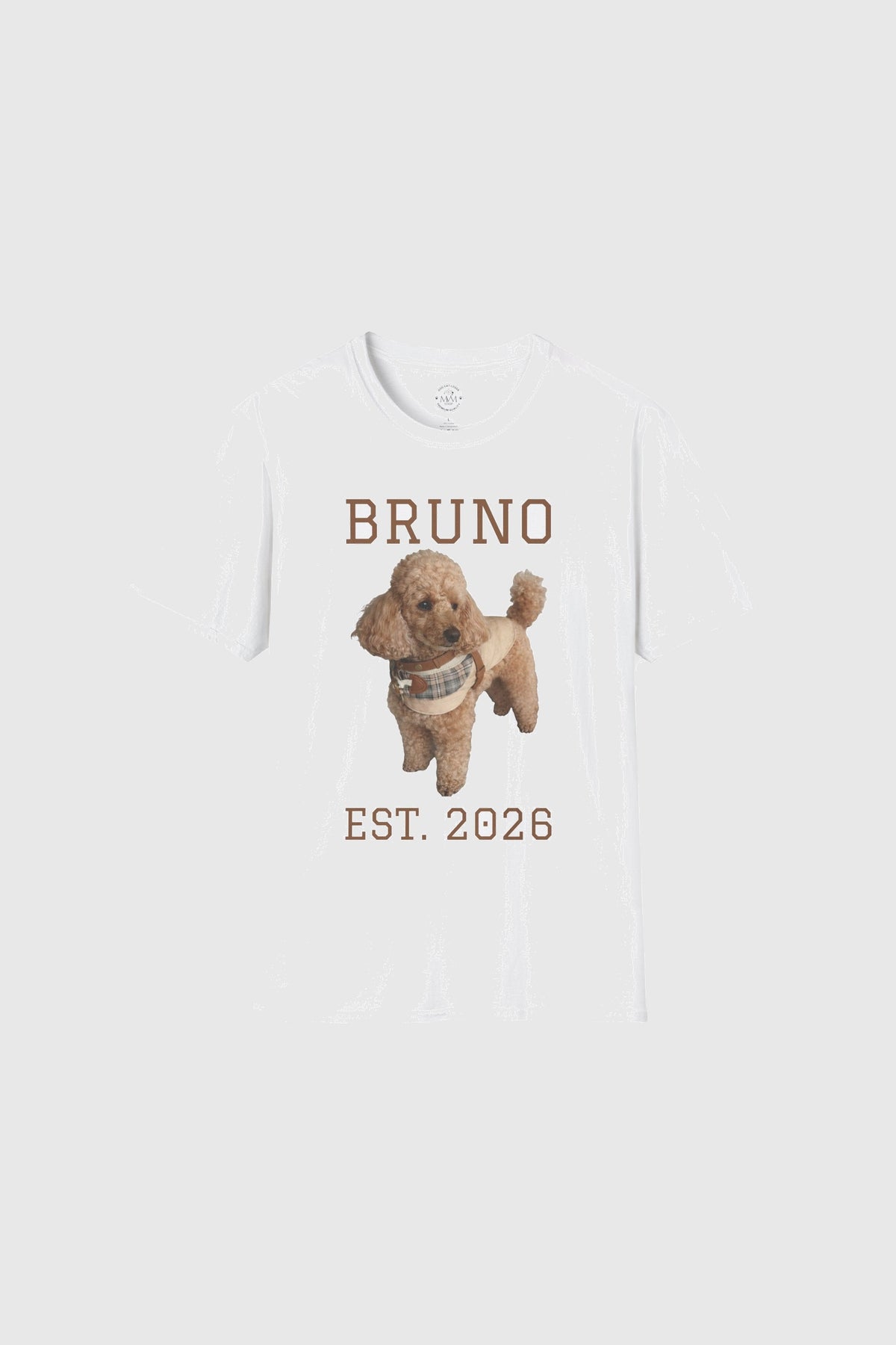 White personalized t-shirt with custom dog name print, unisex crew neck