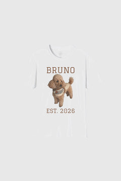 White personalized t-shirt with custom dog name print, unisex crew neck