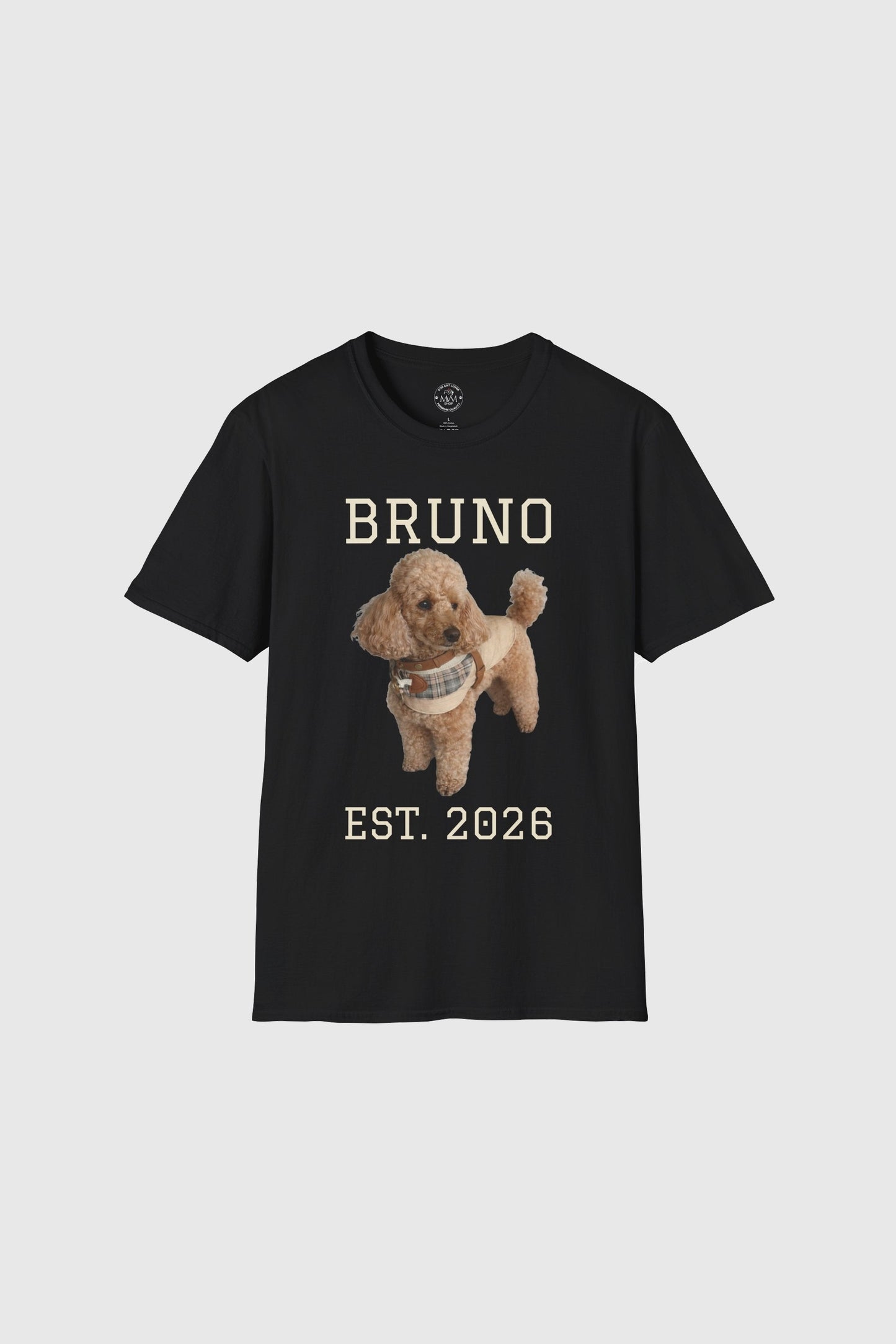 Woman wearing white personalized dog t-shirt with custom name