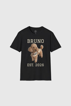 Woman wearing white personalized dog t-shirt with custom name