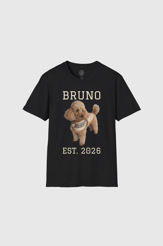 Woman wearing white personalized dog t-shirt with custom name
