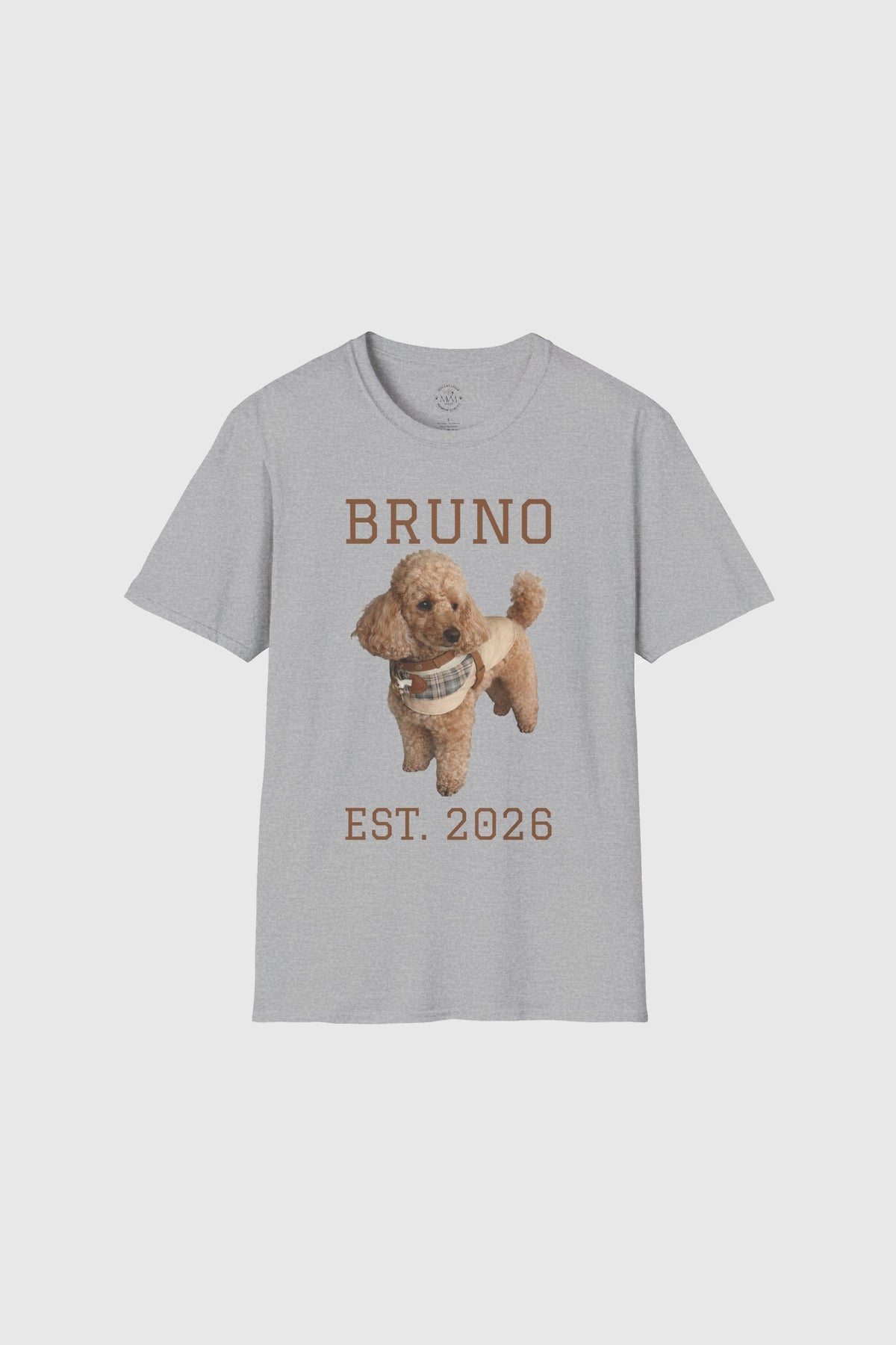 Woman wearing white custom dog name graphic tee