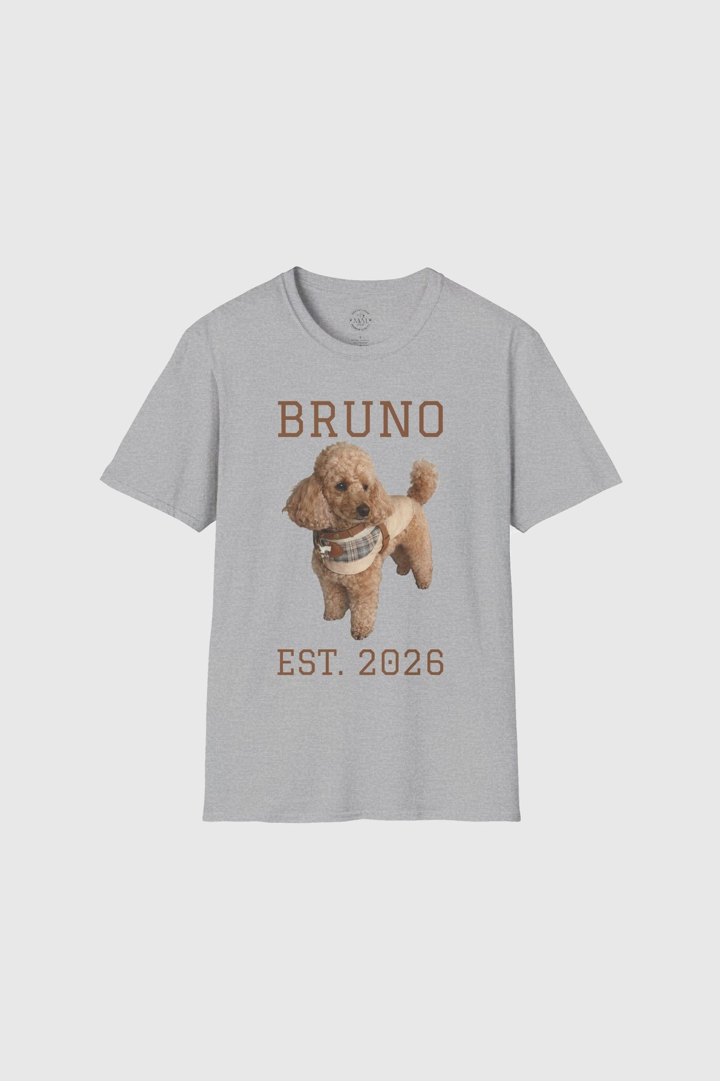 Woman wearing white custom dog name graphic tee