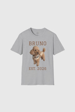 Woman wearing white custom dog name graphic tee