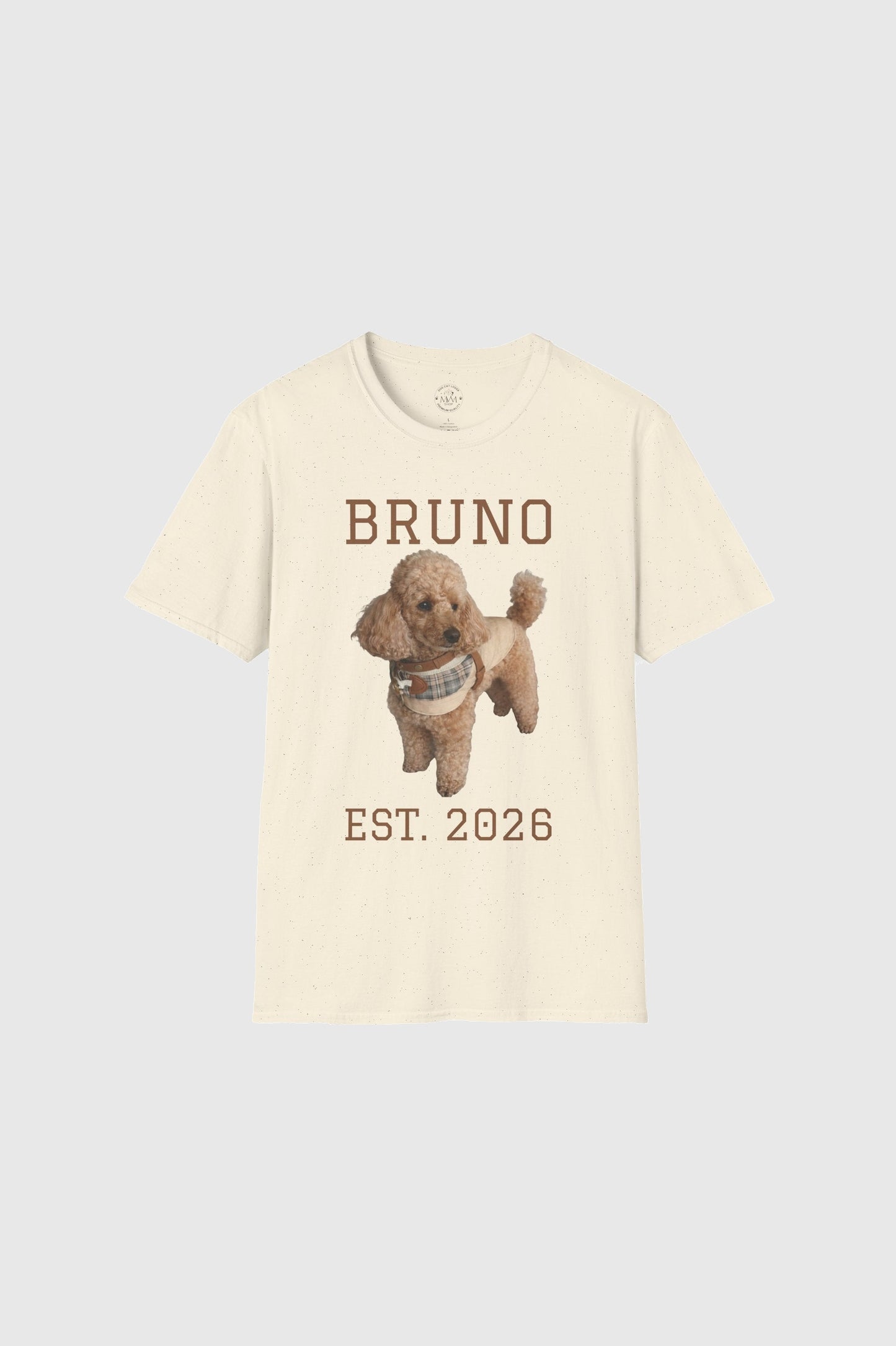 Man wearing white personalized dog t-shirt with custom name