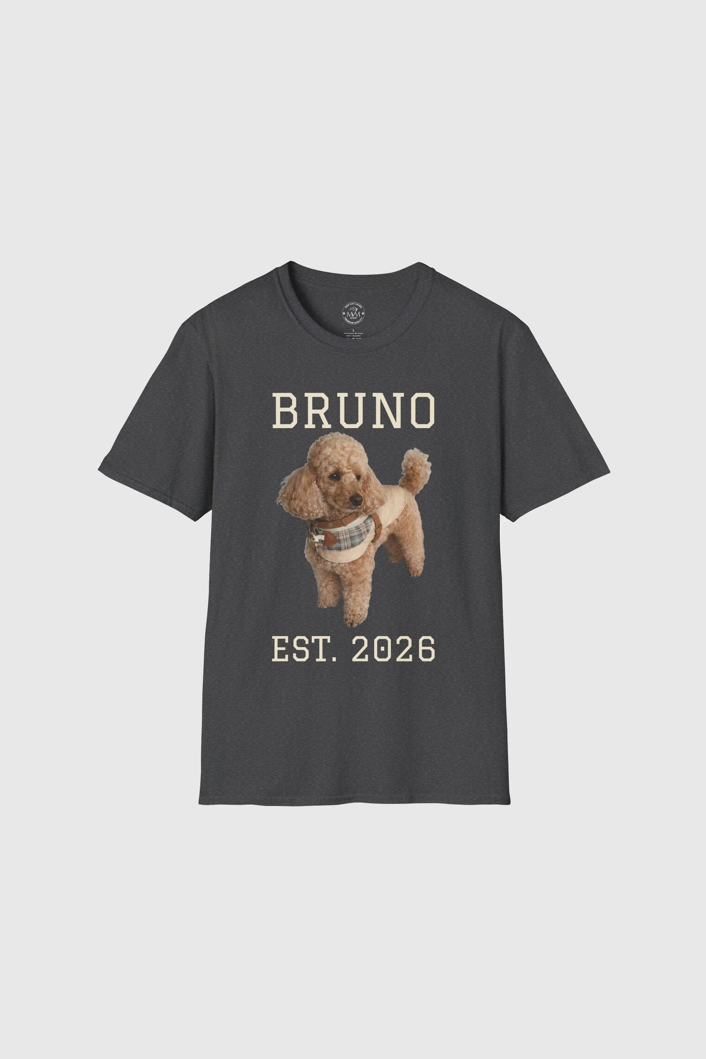 Man wearing white custom dog name graphic tee