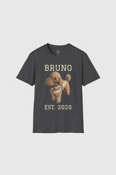 Man wearing white custom dog name graphic tee