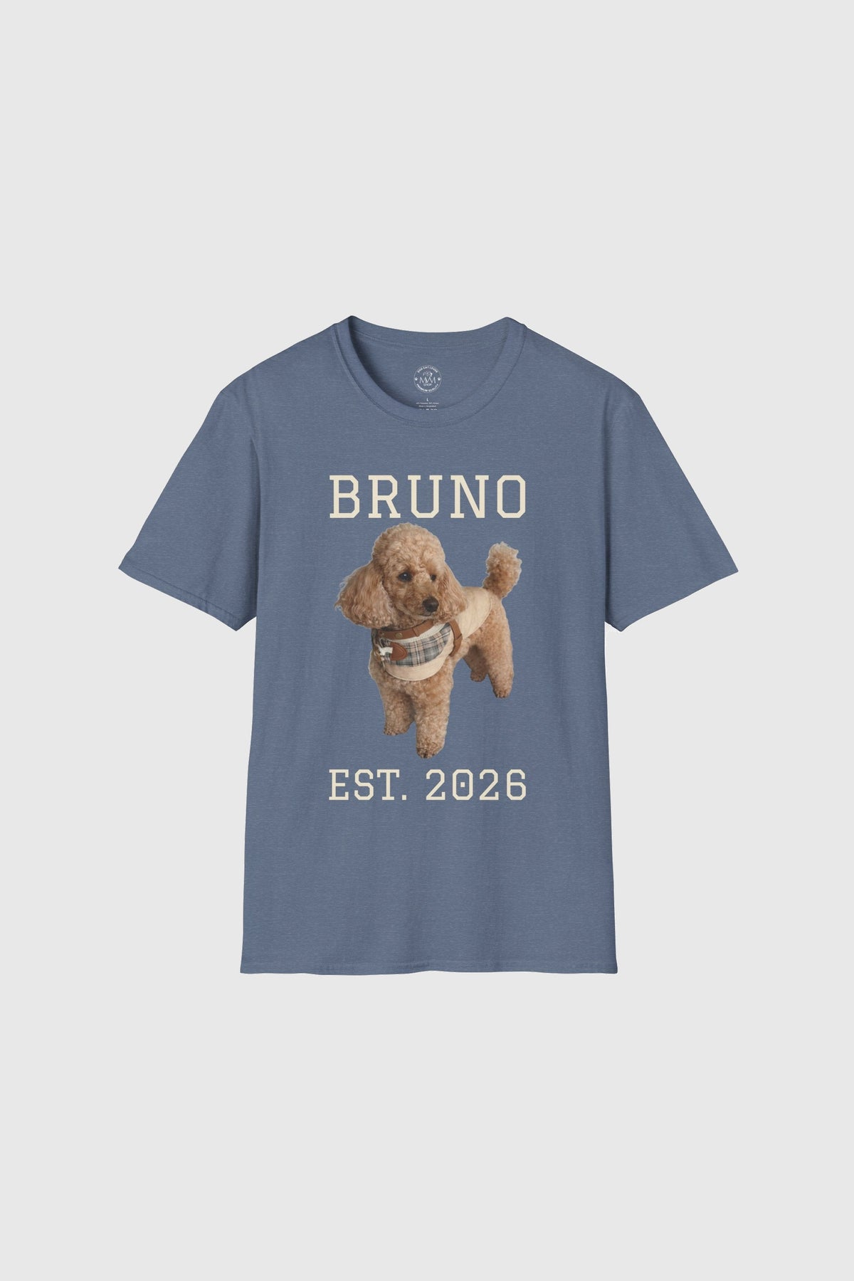 Custom dog name print close-up on white personalized t-shirt