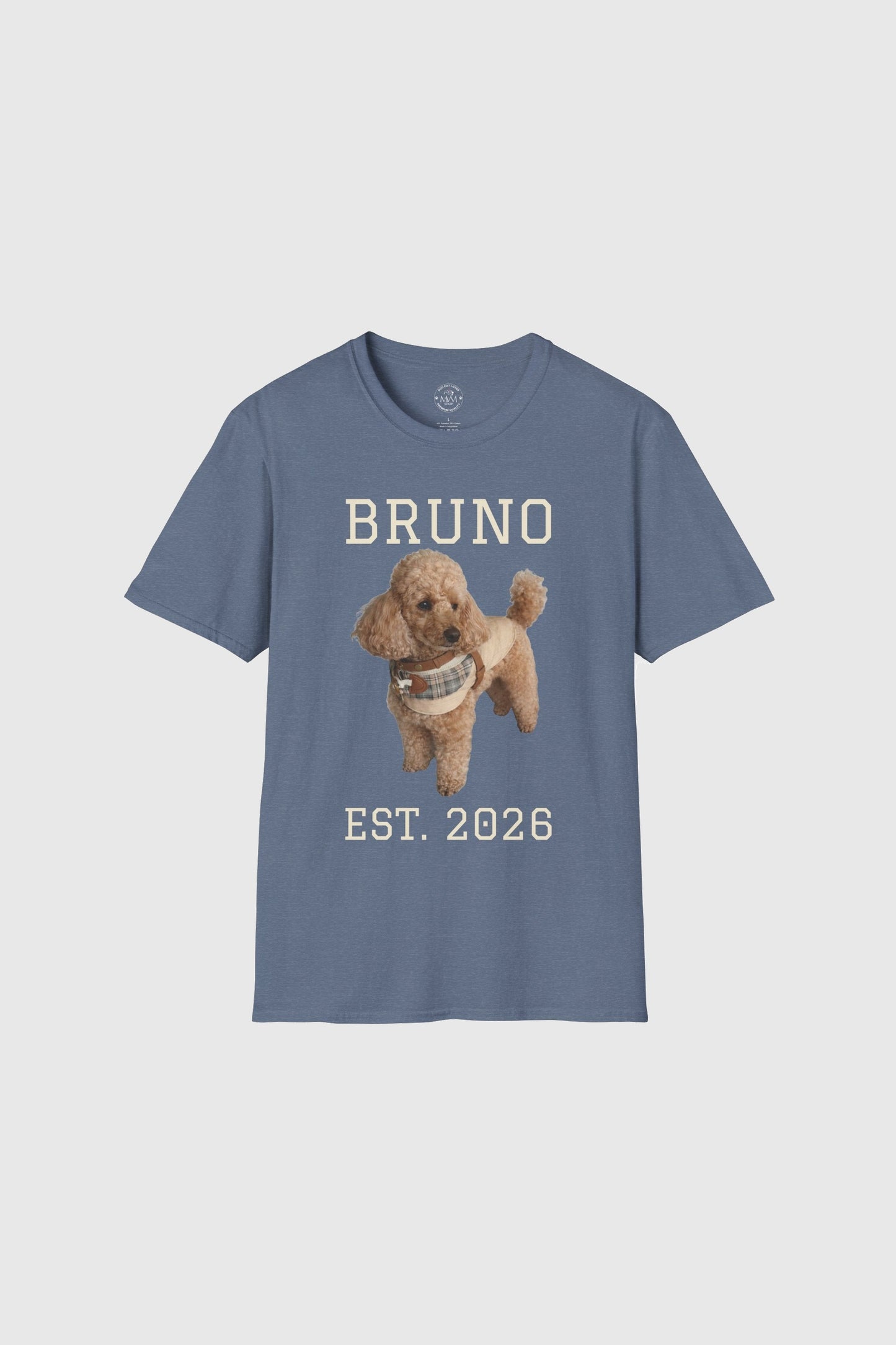 Custom dog name print close-up on white personalized t-shirt