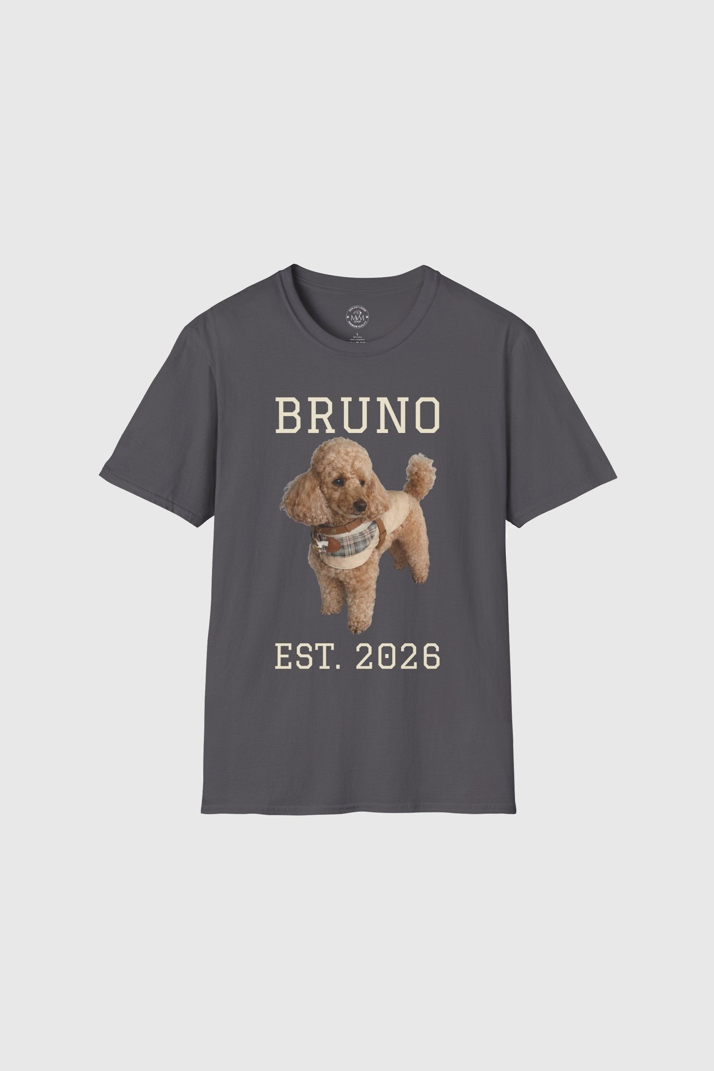 Black personalized t-shirt with custom dog name print, unisex crew neck