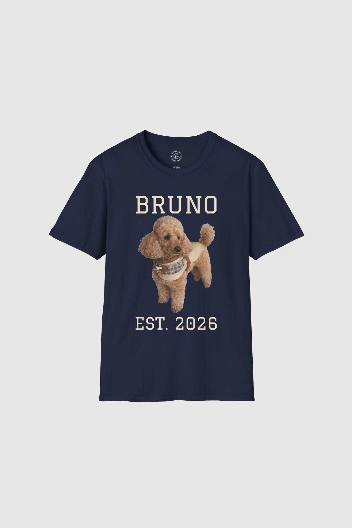 Woman wearing black personalized dog t-shirt with custom name