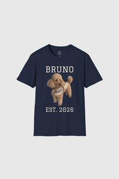 Woman wearing black personalized dog t-shirt with custom name