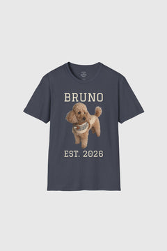 Man wearing black personalized dog t-shirt with custom name