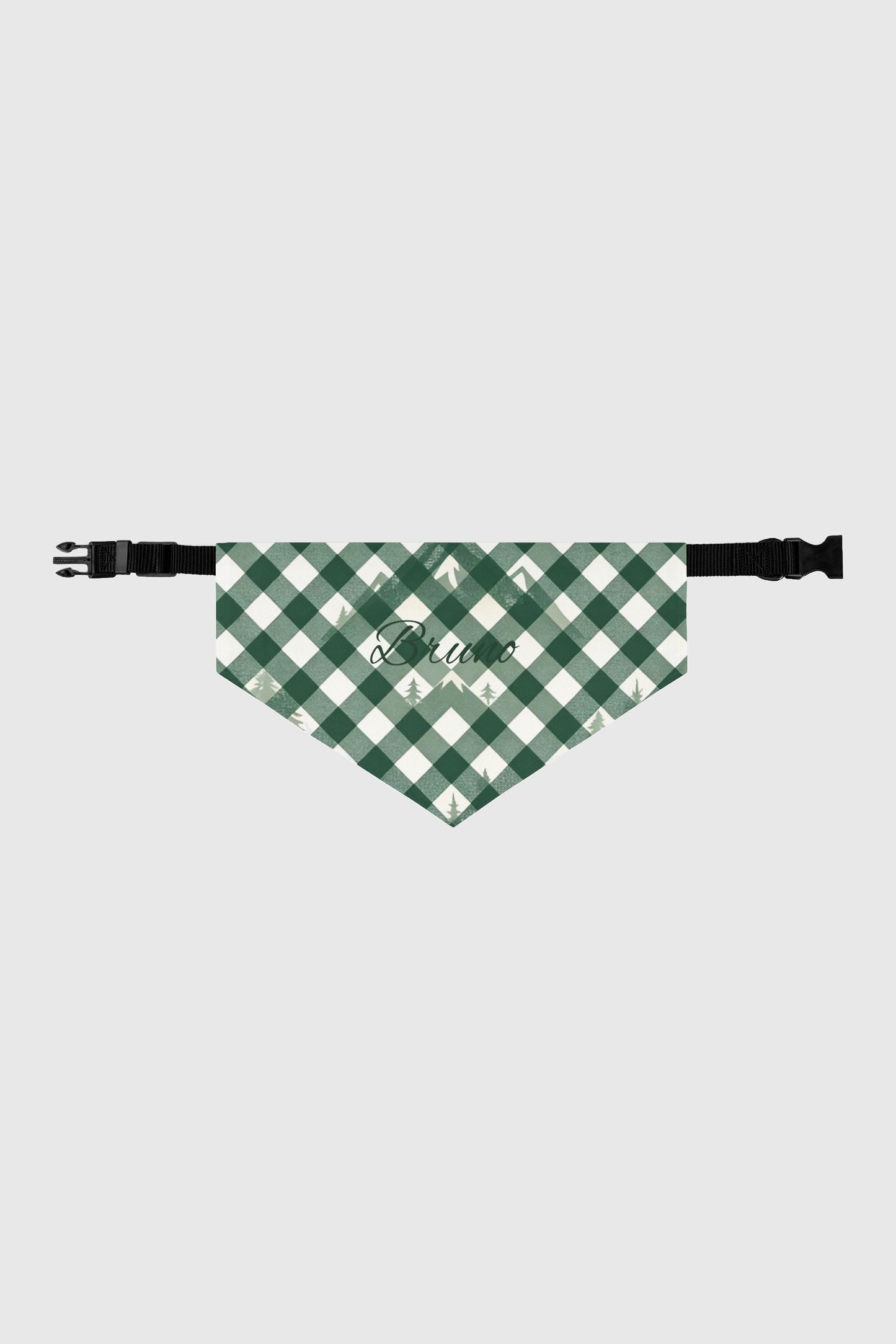 Custom name on green buffalo plaid dog bandana, triangle panel detail