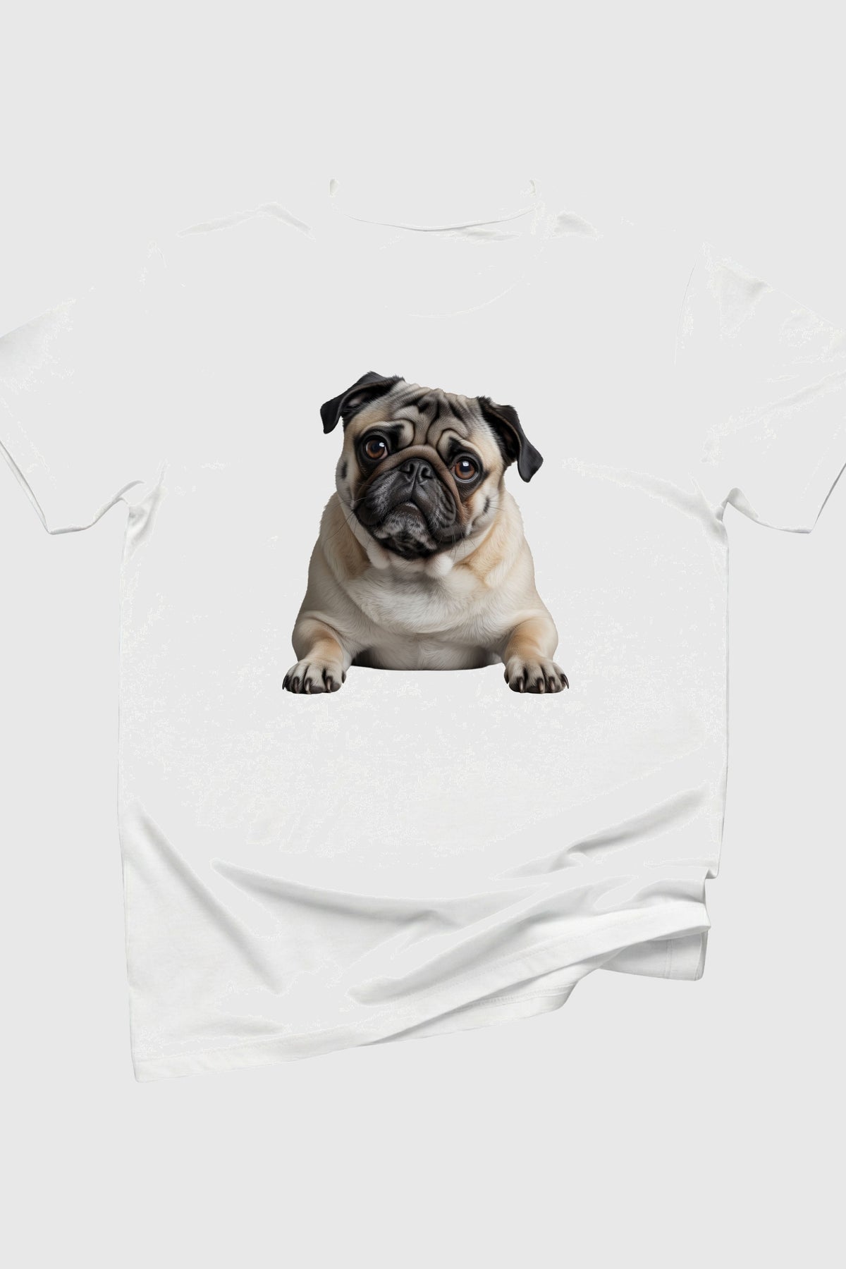 Cute pug print close-up on black t-shirt