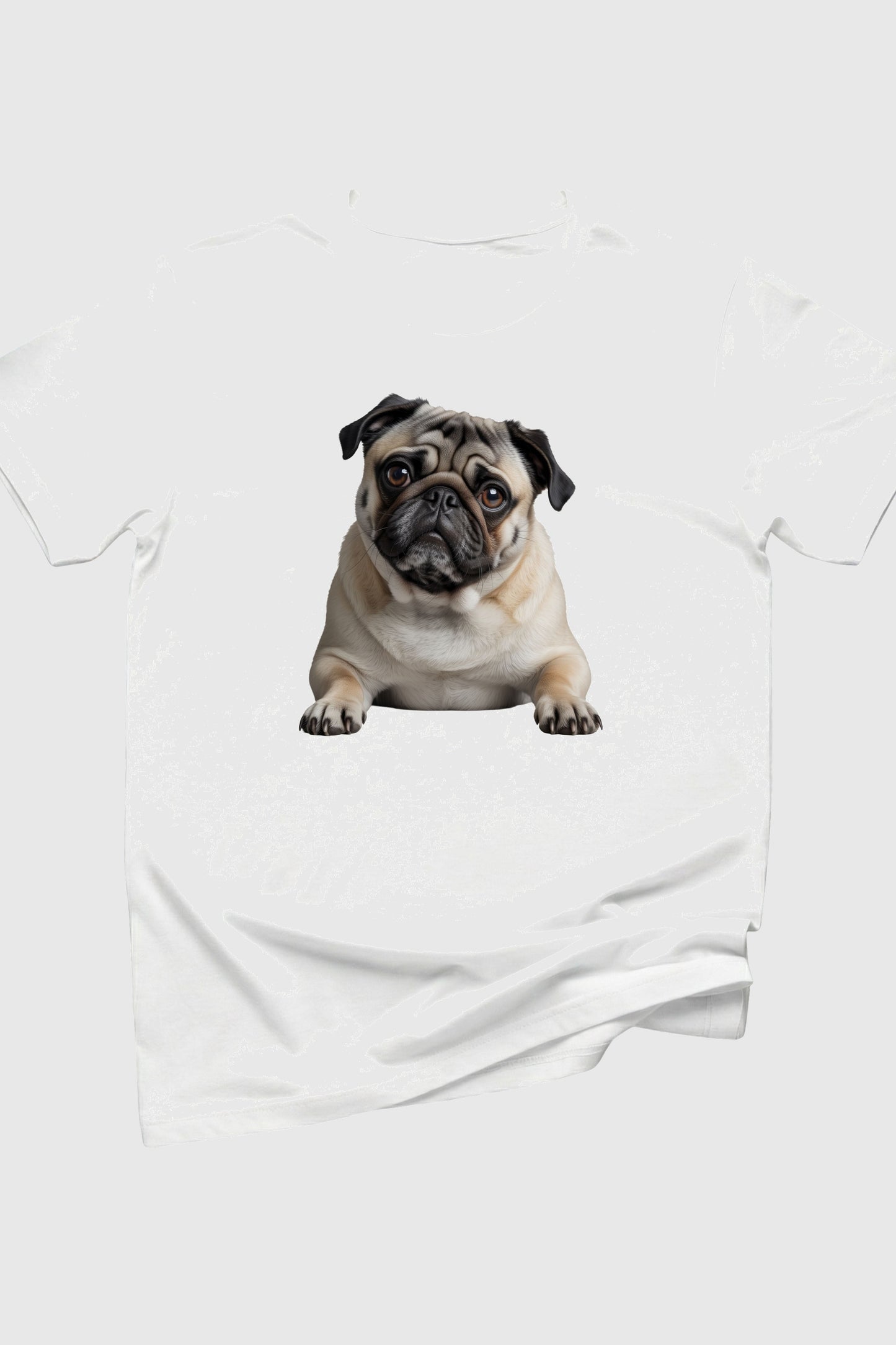 Cute pug print close-up on black t-shirt
