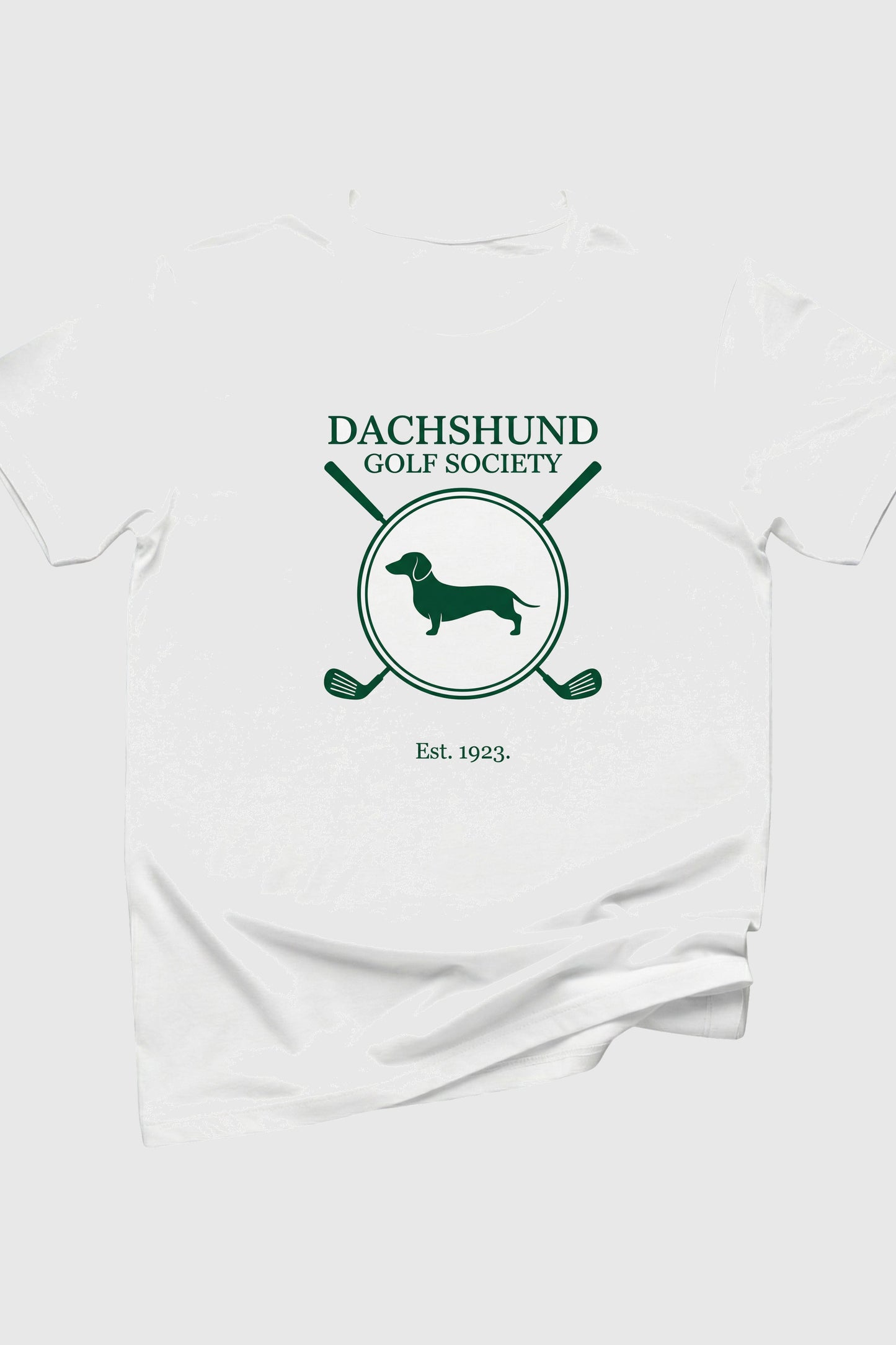 Man wearing black dachshund golf society t-shirt