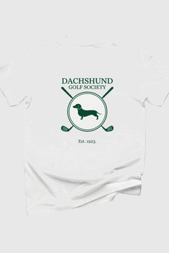 Man wearing black dachshund golf society t-shirt