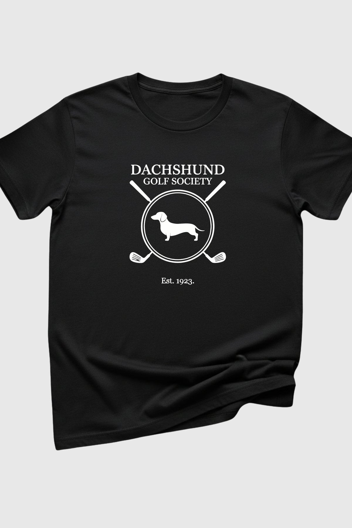 Dachshund golf society print close-up on white t-shirt