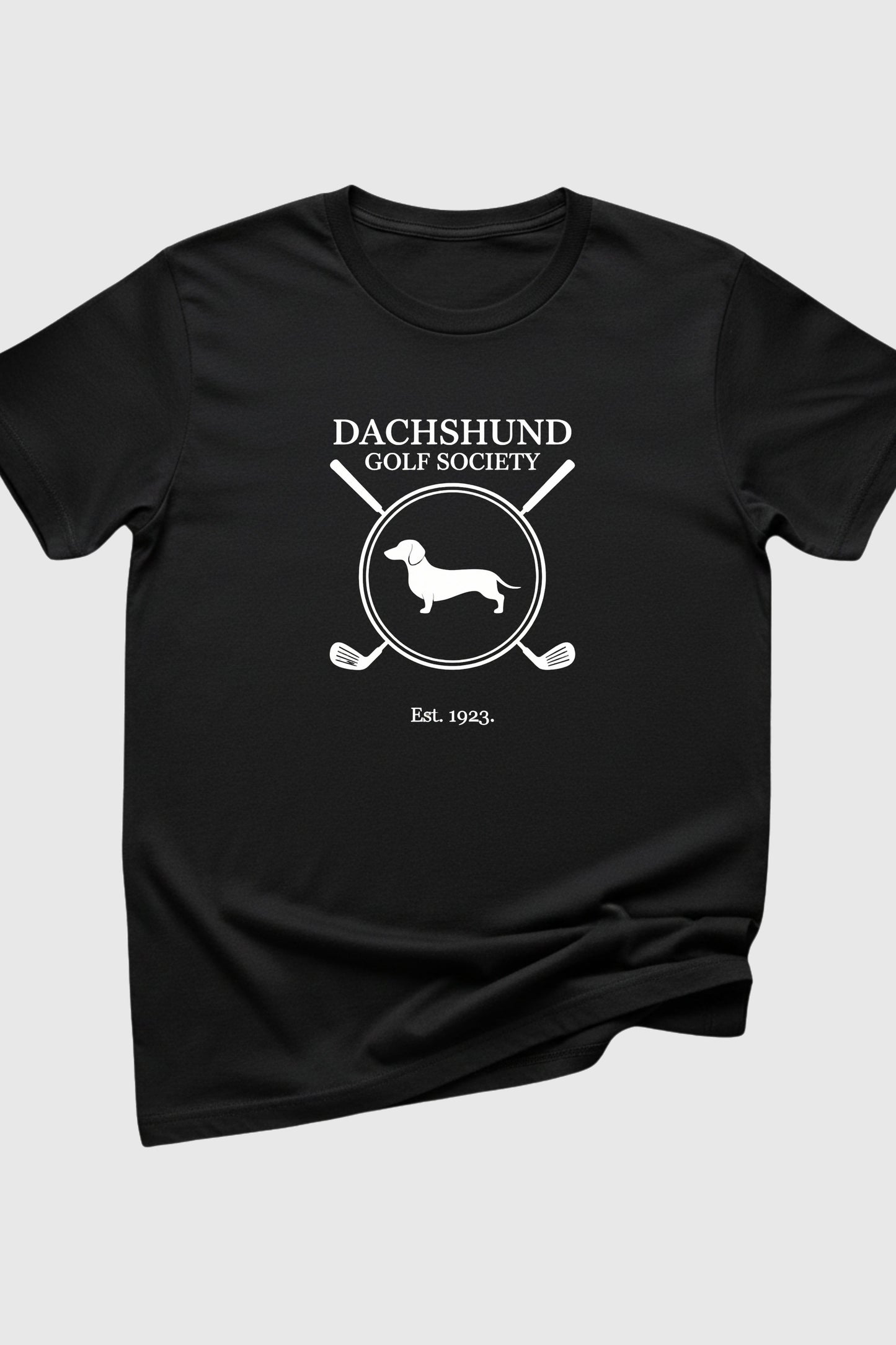 Dachshund golf society print close-up on white t-shirt