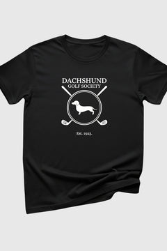 Dachshund golf society print close-up on white t-shirt