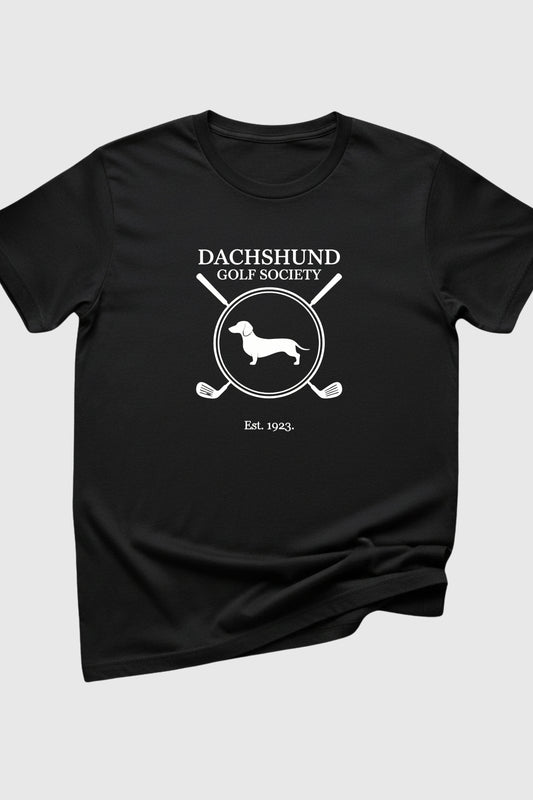 Black Dachshund Golf Society t-shirt with white dachshund golf crest, flat lay