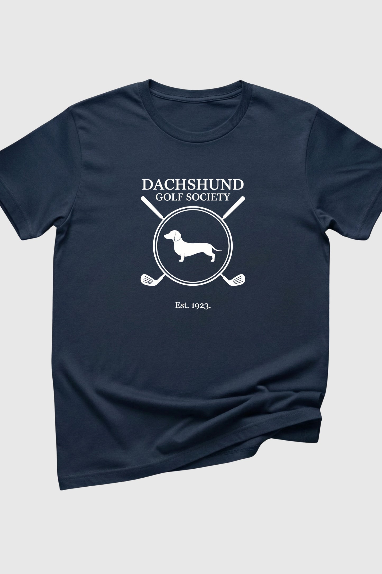 Black dachshund golf society t-shirt with dachshund print, unisex crew neck