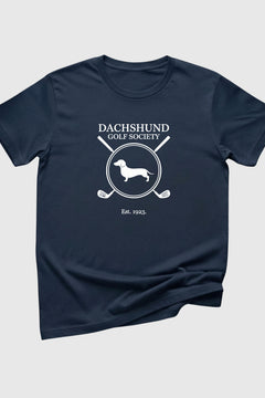 Black dachshund golf society t-shirt with dachshund print, unisex crew neck